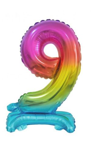 Nummer Rainbow Bunte Mini-Zahl 9 Folienballon mit Sockel 38 cm