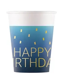 Geburtstag Golden Blue Happy Birthday Papierbecher, 8 Stück, 200 ml, FSC